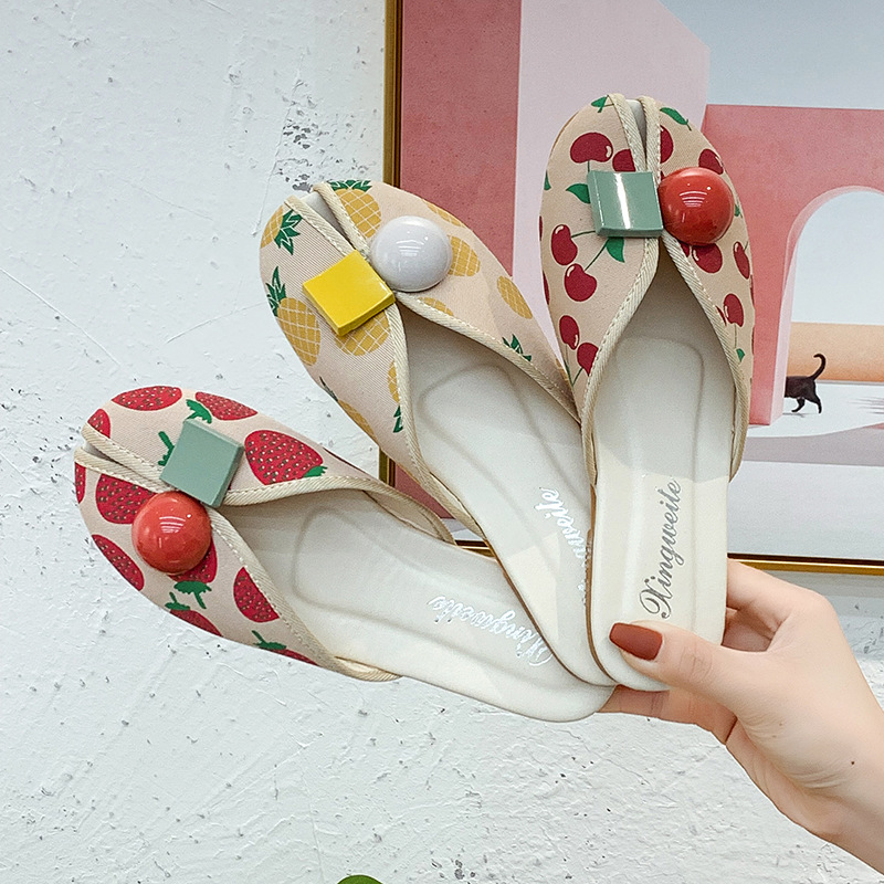 春夏外穿网红水果凉拖鞋时尚平底印花樱桃草莓菠萝包头半拖鞋新款