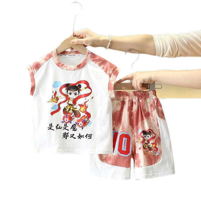 8102 Niño Nezha Traje de manga corta 2025 Nuevo verano para niños Red de celebridades de Internet Traje de dos piezas de moda Baby Fried Street Tide