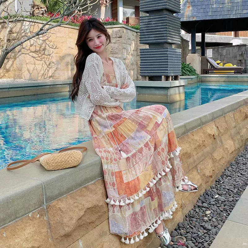 Летний костюм для отдыха на море: женское платье-комбинация с цветочным кружевом и бретелями, уникальный красивый французский кардиган из кружева, комплект из двух предметов