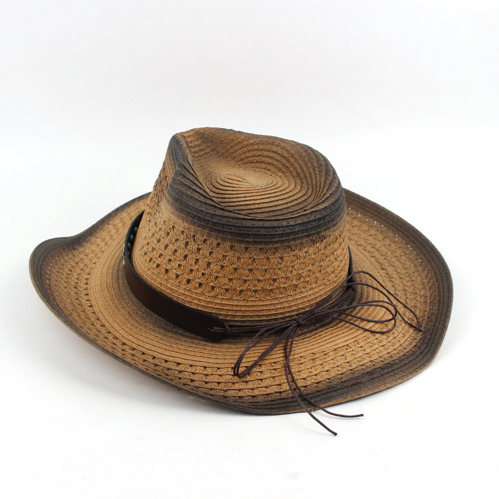 Ventas transfronterizas calientes masculinas y masculinas neutras sombrero de paja vaquero occidental sombrero de sol transpirable al aire libre con decoración de cinturón