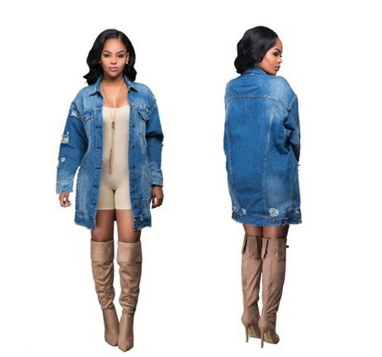 Mid-Length Dark Ripped Denim Jacket NSWL111680