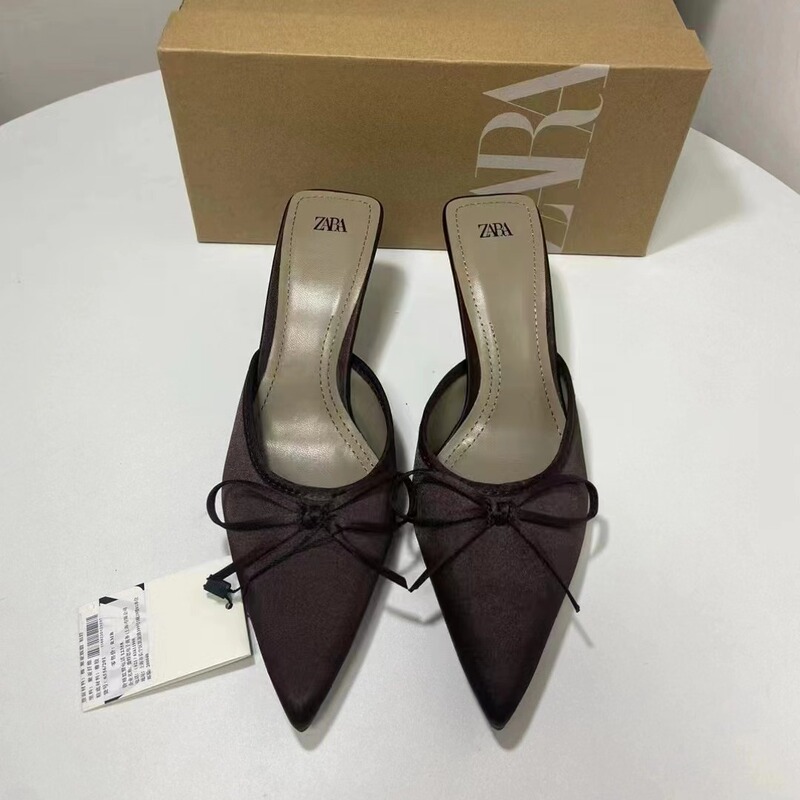 ZA2024 Spring New Bow High Heel Muller Shoes Single Shoes Pointed Toe Baotou Slippers Thin Heel Joker Half Slippers