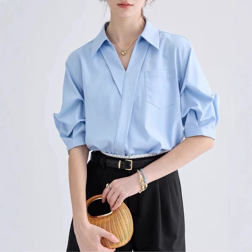 Рубашка, летняя одежда для отдыха, оверсайз, французский стиль, V-образный вырез, с коротким рукавом