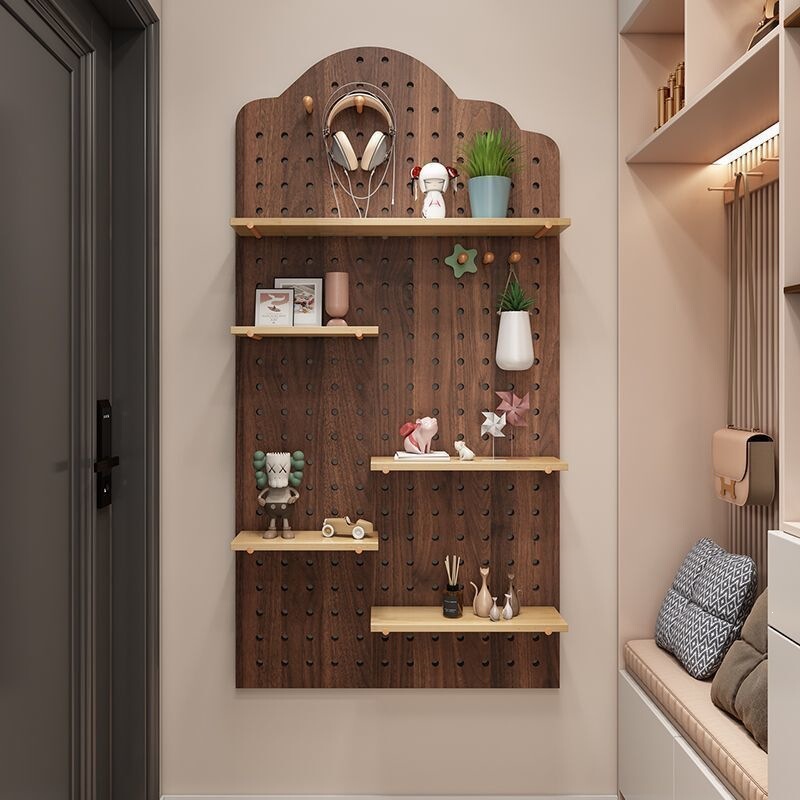 Solid wood perforated board wall storage rack for entryway, wall-mounted storage rack, paint-free board, custom-made storage rack Solid wood perforated board wall storage rack for entryway, wall-mounted storage rack, paint-free board, custom-made storage rack