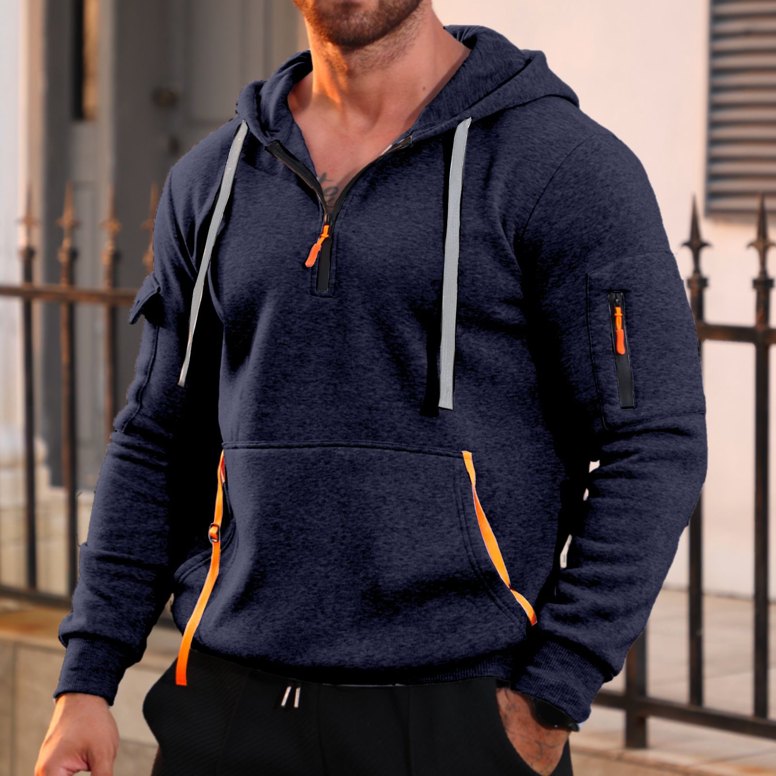 Autumn Winter Men's Fleece Hooded Pullover With Multi-zipper Pocket_voghion.com