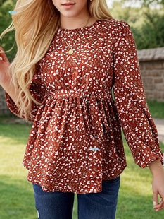 Maternity Shirt Floral Print Long Sleeve Crew neck Button