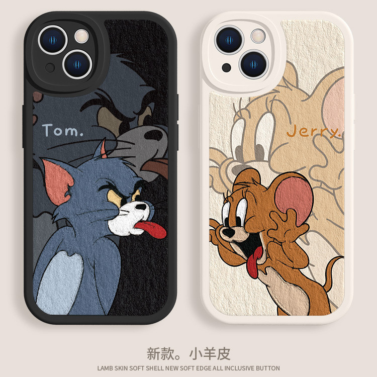Couple Mobile Phone Case Tom and Jerry Apple 16 Cartoon Tom 13 Jerry Cartoon 15/7Plus Oil Painting Lambskin