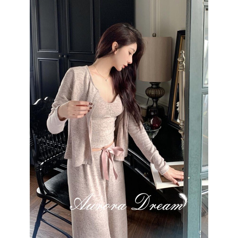 Pure desire style pajamas women's spring and autumn fashionable three-piece brushed knitted cotton with chest pad can be worn outside high-looking home wear