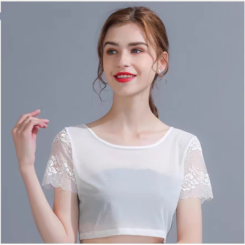 Lace See-Through Half Mesh Round Neck Bottoming Slim Short-Sleeved Transparent Half-Length Tulle Short Versatile Top for Summer