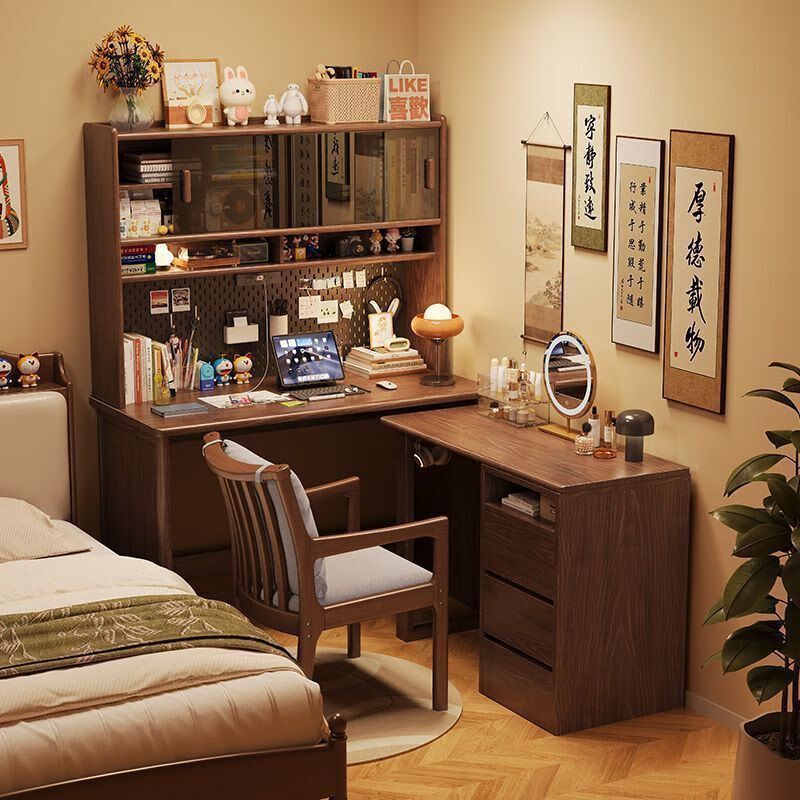 Corner Solid Wood Folding Study Desk Bedroom L-Shaped Bookshelf Corner Computer Bookshelf Rotating Integrated Desk and Chair Against the Wall