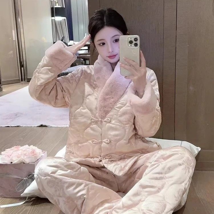 新中式复古国风毛领珊瑚绒睡衣女冬季加绒加厚保暖家居服大码套装|undefined
