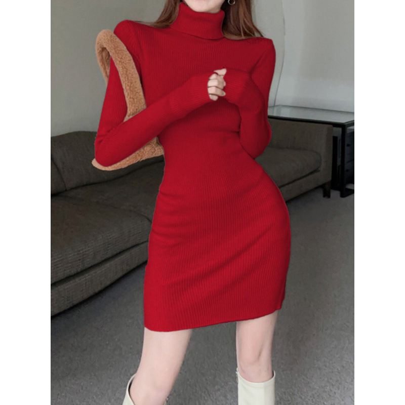 High-necked knitted dress for women, autumn and winter sweater outfit, paired with a slim-fitting bodycon skirt