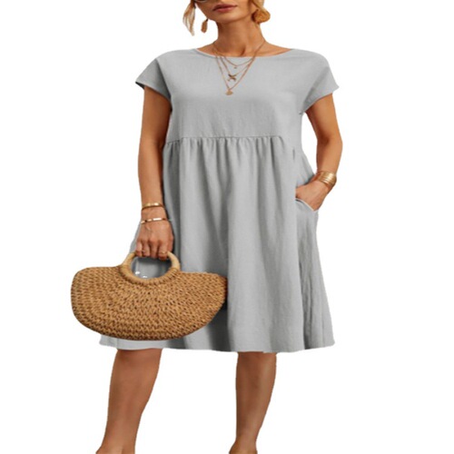 Summer Supply OL Style Women's Cotton Crew Neck A-Line Skirt Dress
