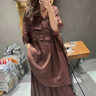 cz9632苎麻纯色薄款时尚百搭中长款衬衣夏季新品文艺气质打底衫女