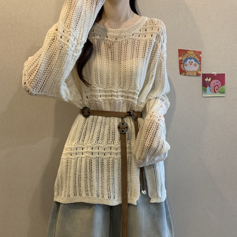 设计感钩花镂空针织衫女秋季新款胖MM气质百搭遮肚中长款开叉罩衫|undefined