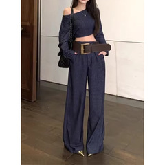 气质穿搭一整套高级感复古斜肩上衣2025春季新款女百搭阔腿裤套装