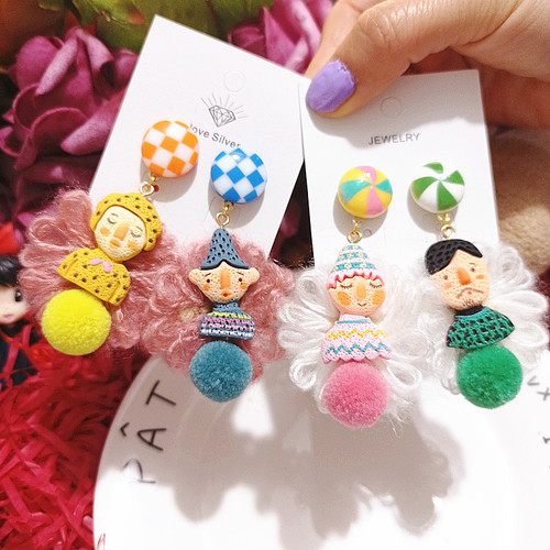 Autumn/Winter Ins Indian Doll Ethnic Style Funny Plush Flower Silver Ear Drops for Men and Women 925 Silver Earrings