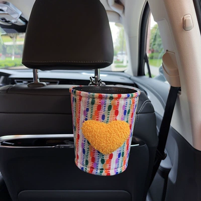 Car tissue box/set | 2-in-1, West Highland style, trendy car - yellow-heart-shaped-fabric-trash-can-clip-on-style