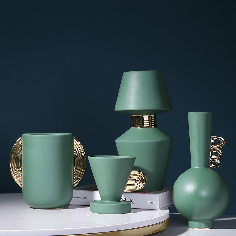 Nórdico luz de lujo esmeralda de oro oído florero de cerámica decoración sala de estar arreglo de flores secas mesa de comedor TV decoración del gabinete