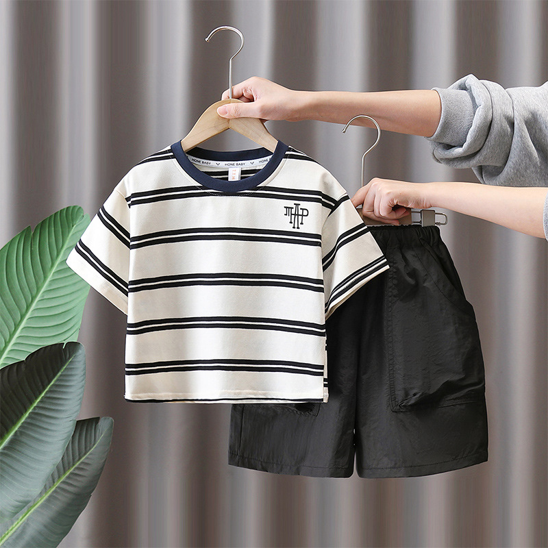 7161 Traje de manga corta a rayas para niños Traje fino de verano para niños 2025 Nuevo vestido de verano para bebés Ropa de dos piezas