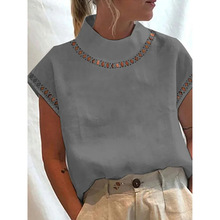 wish 独立站 女式纯色镂空上衣休闲高领亚麻蕾丝透气衬衣 现货