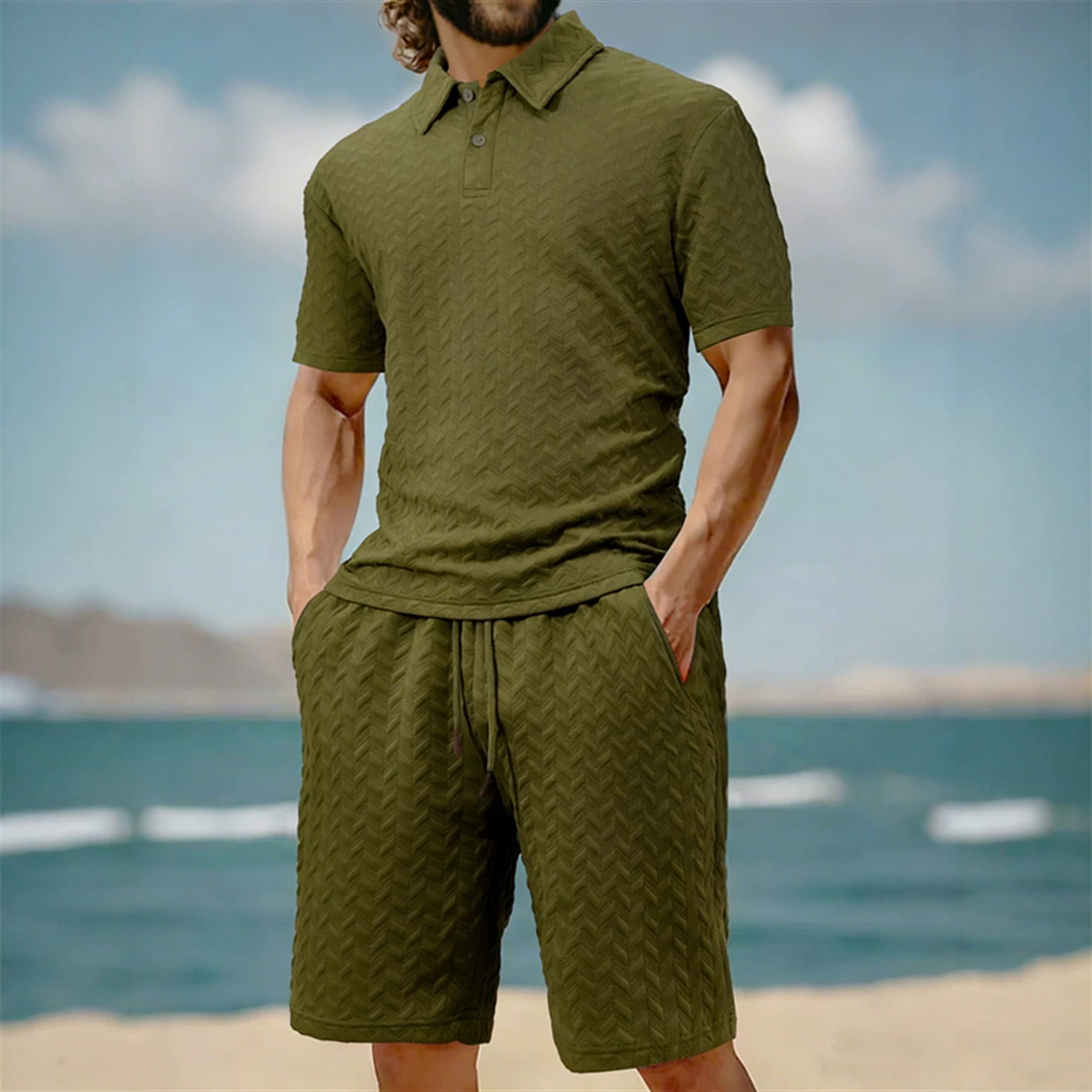 Men's Short Sleeve Polo Shirt Set Jacquard Design Comfort Fit Casual Summer Wear Breathable Polyester Fabric_viptrois.com
