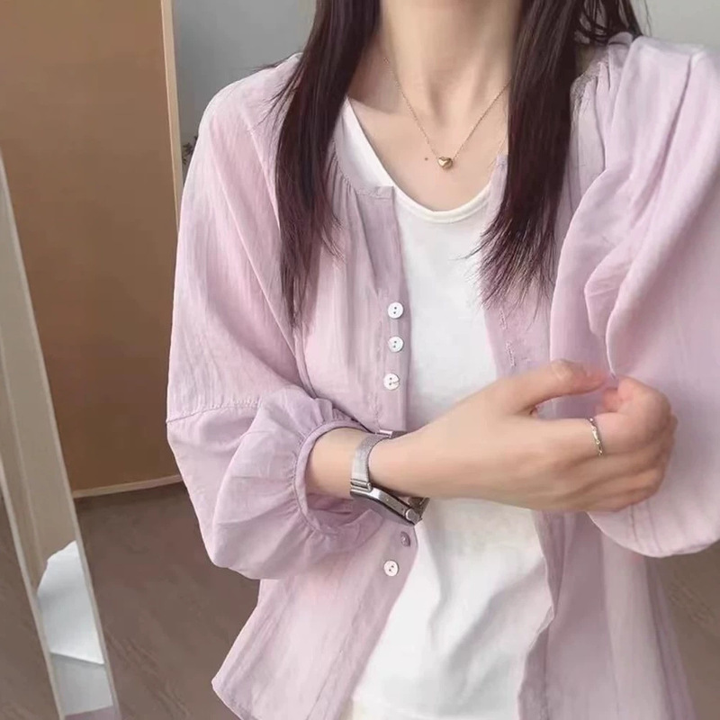 French-Style Gentle Purple Tencel Linen Sun-Protective Shirt for Women, Summer Thin Outerwear, Loose Lantern Sleeve Blouse Jacket