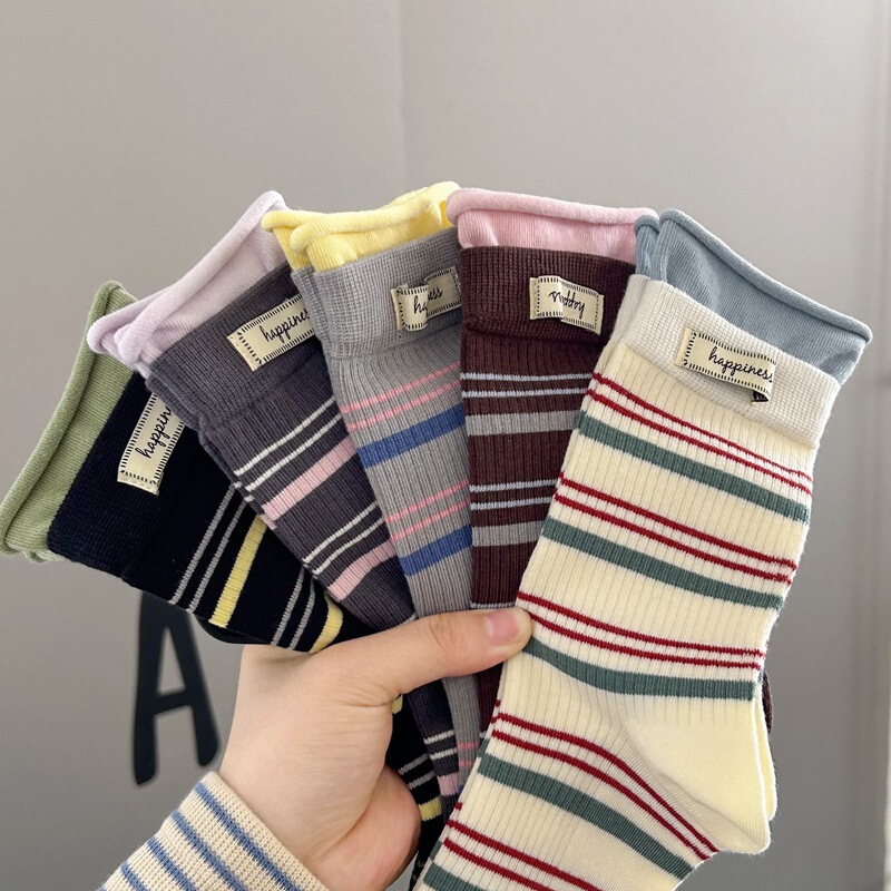 Early Autumn Vibe Ins Striped Color-Blocking Mid-Calf Socks for Women Autumn and Winter Letter Fabric Label Spliced Fake Two-Piece Slouch Socks