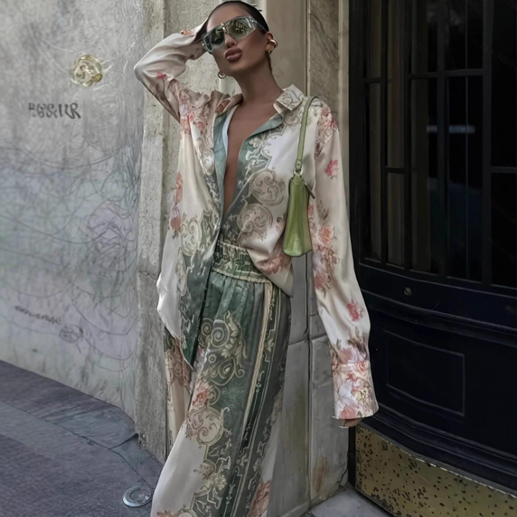 In-stock European American Cross-border New Printed, Women's Commuter Wear, Long-sleeve Shirt And Straight-leg Pants_ecoleips.com