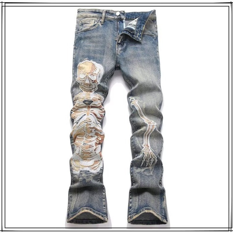 High-End Skull Embroidery Jeans for Men, Trendy Slim-Fit Skinny Pants, Spring Korean Style Fashion Men's Long Pants High-End Skull Embroidery Jeans for Men, Trendy Slim-Fit Skinny Pants, Spring Korean Style Fashion Men's Long Pants