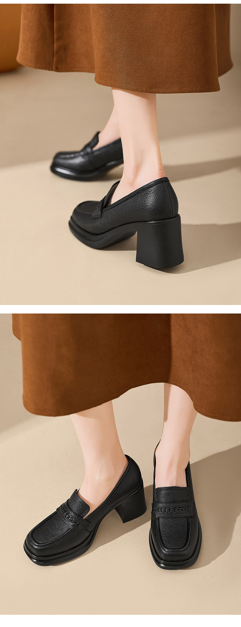 Giày loafer nữ da dê đế dày gót vuông 7,5 cm cổ sâu — màu nâu chi tiết 7