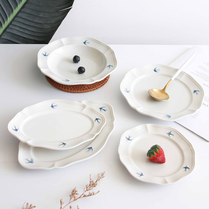Japanese Cartoon Retro Swallow Relief Plate Ceramic Creative Breakfast Dessert Plate Oval Plate Snack Plate Deep Plate