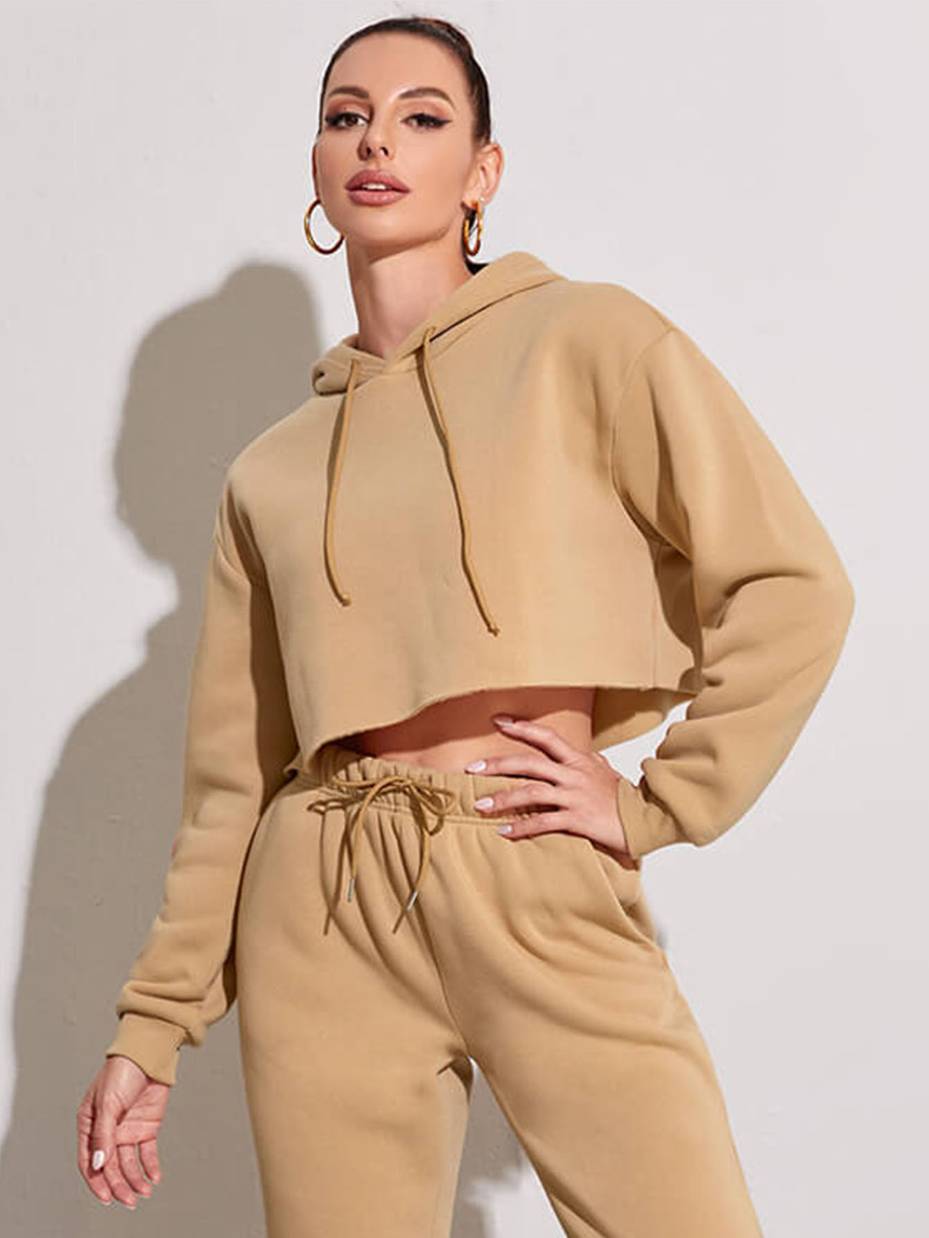 Fleece Solid Color Short Navel-Exposed Hooded