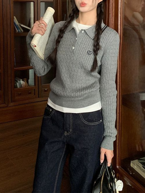 cozydas学院麻花刺绣polo针织衫女秋冬长袖毛衣秋新软糯套头上衣|undefined