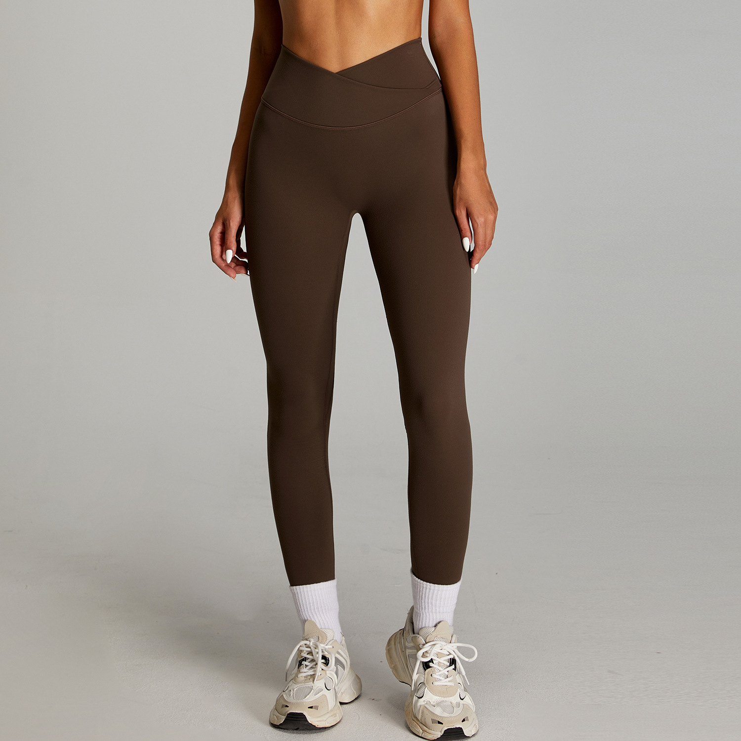 Pantalones deportivos de cintura alta desnudos transfronterizos, pantalones deportivos ajustados de secado rápido para mujer, cintura cruzada, abdomen, caderas, pantalones de yoga