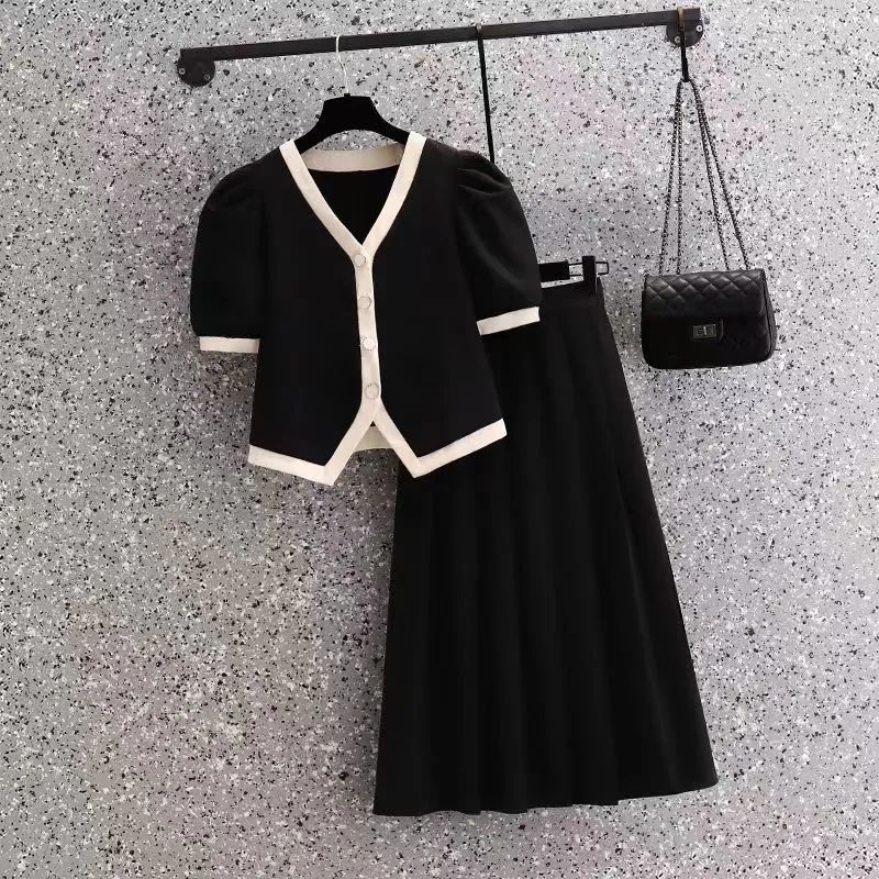 Xiaoxiangfeng ツーピース大きいサイズの女性の服 100kg ファットカバー痩身カーディガン + スカート黒純粋な欲望スーツ|undefined