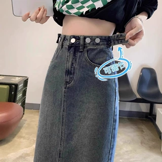 复古蓝中长款牛仔半身裙女夏季新款高腰显瘦a字包臀裙开叉一步裙