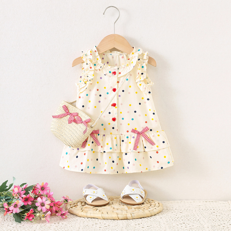 1742 Summer New All-over Colored Ideas Cotton Dress Girls Cute dress Bow Bamboo Basket Bag