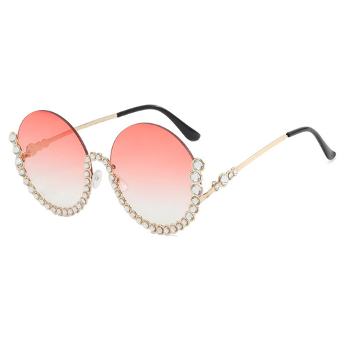 Round diamond-encrusted metal sunglasses  new half-frame sunglasses cross-border European and American gorgeous gradient sunglasses trend