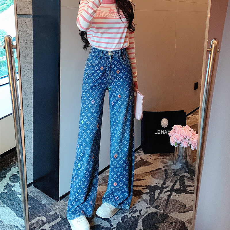 [Real Shot] Fully Printed Jacquard Super Soft Jeans for Women 2026 New Style Super Nice Design High Waist Straight Wide Legs