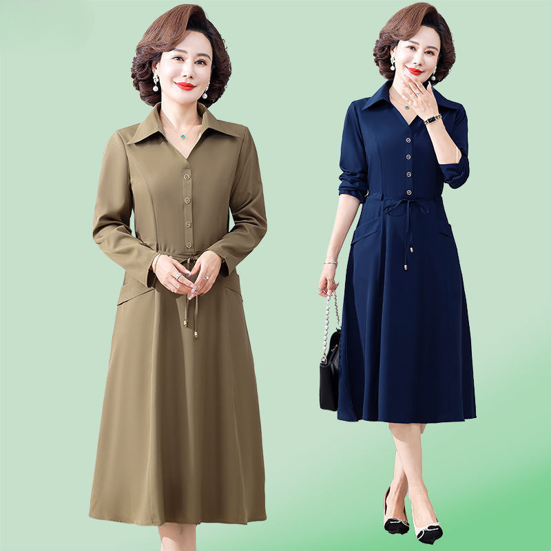 纯色子显瘦过膝裙新款岁长袖连衣裙妈妈中老年女装秋季遮肚202550|undefined