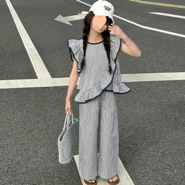 女童夏装套装2025新款洋气儿童飞袖条纹背心女孩夏款阔腿裤两件套