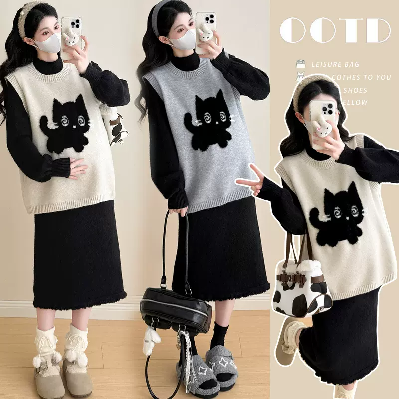 实拍孕妇卡通针织毛衣背心马甲女秋冬加厚内搭流苏长袖连衣裙套装