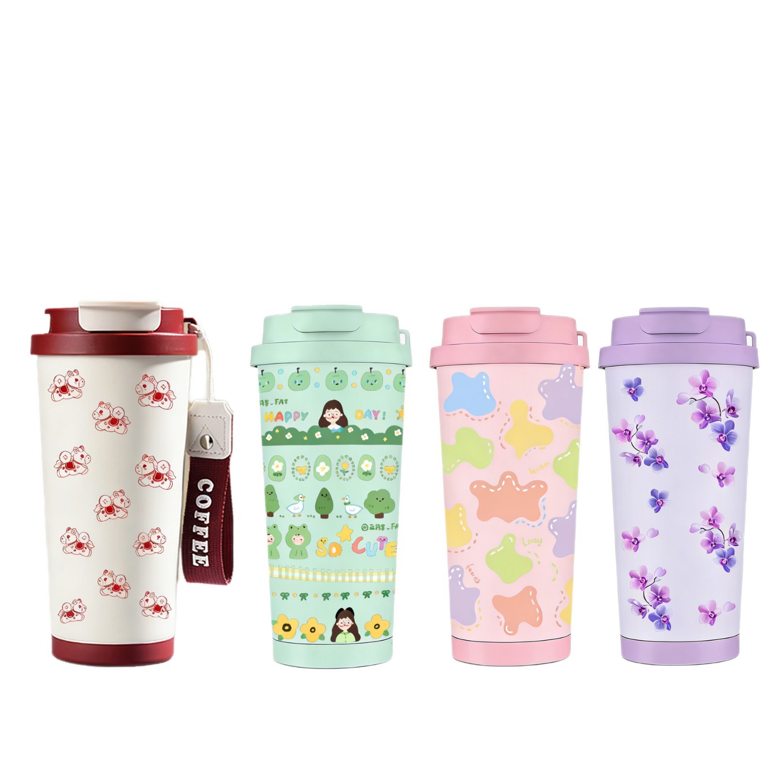 Nuevo logotipo de tazas de café aislantes para niñas de alto valor facial tazas de bebida ligeras lujosas acompañantes orquídeas tazas de agua retro rojo