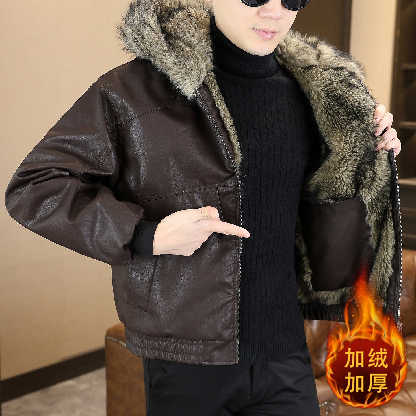 青年男士时尚潮流酷帅连帽皮夹克26年冬季加绒加厚保暖百搭PU外套