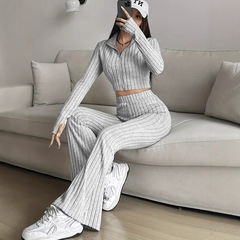 ファッションの純色のリブの2つのセットのファスナーの長袖の短い上着と腰の高いラッパのズボンのスーツの女性のレジャー