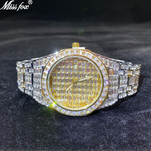 MISSFOX watch foreign trade European and American fashion big-name square diamond full diamond luminous waterproof quartz men's watch