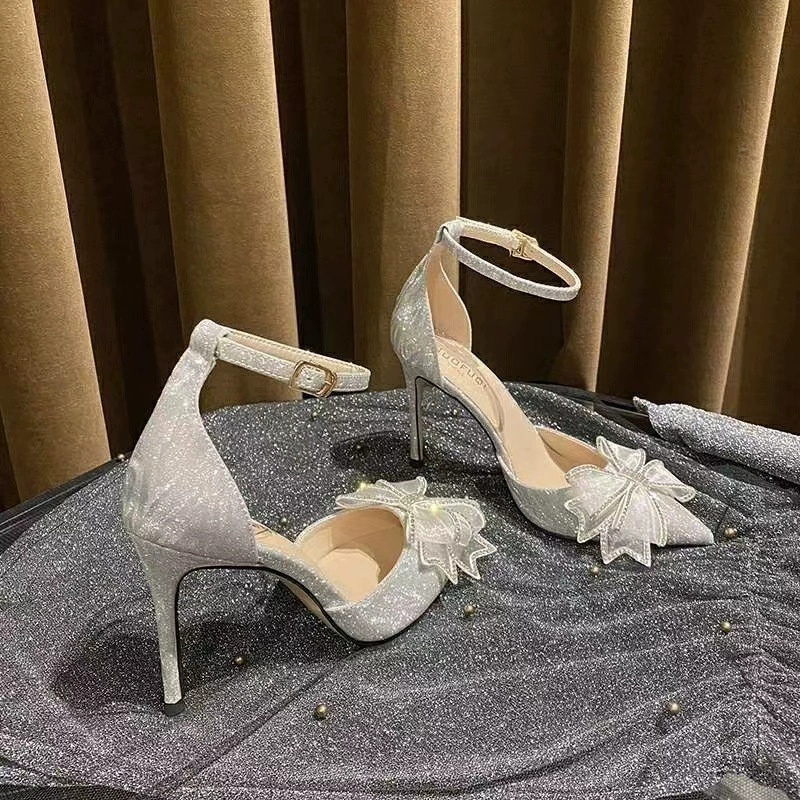 Сандалии женские летние 2023 новые однослойные туфли со стразами и бантом для подружек невесты на высоком каблуке, сказочные остроносые однослойные туфли, женские туфли на шпильке