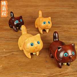 檀木创意桌摆猫咪木雕治愈萌趣萌宠客厅办公桌小摆件儿童礼物批发