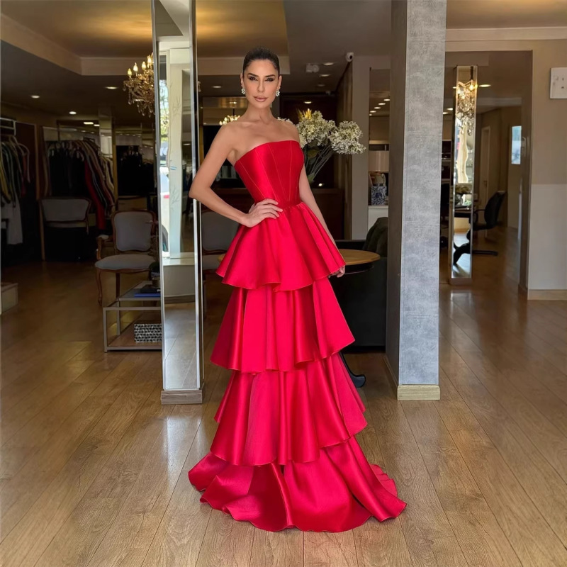 Red Layered Satin A-Line Prom Dress 2026 Elegant Long Evening Gown Cross-Border European and American Aliexpress Supply